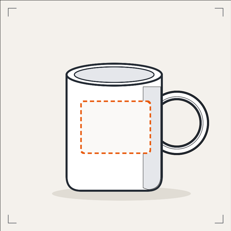 Ceramic mug with a marked print area, ready to customize